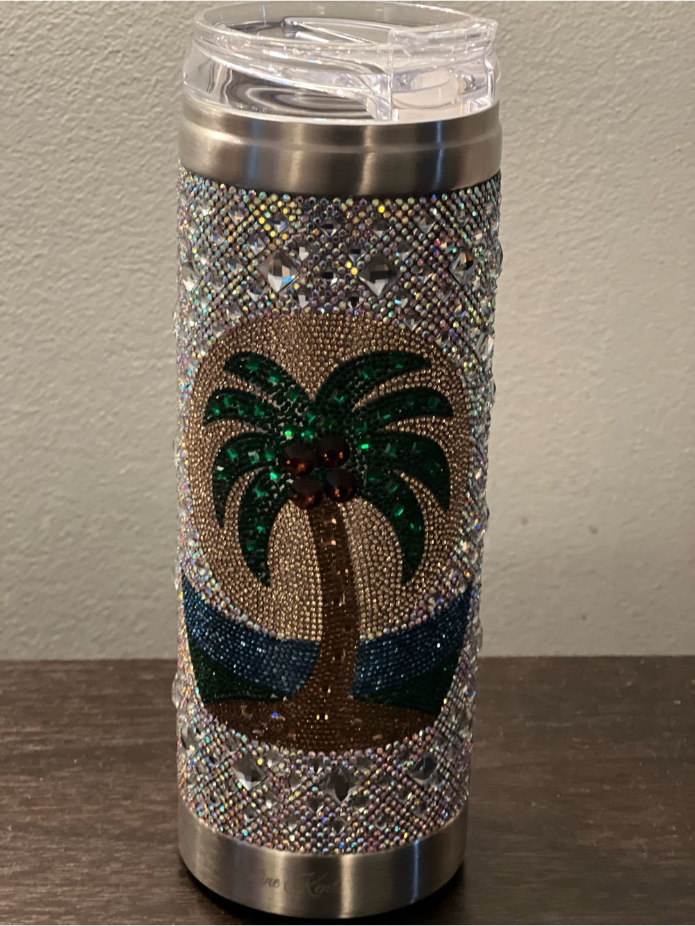 Bling Palm Tree Rhinestone Tumbler - Green, Gold, Blue